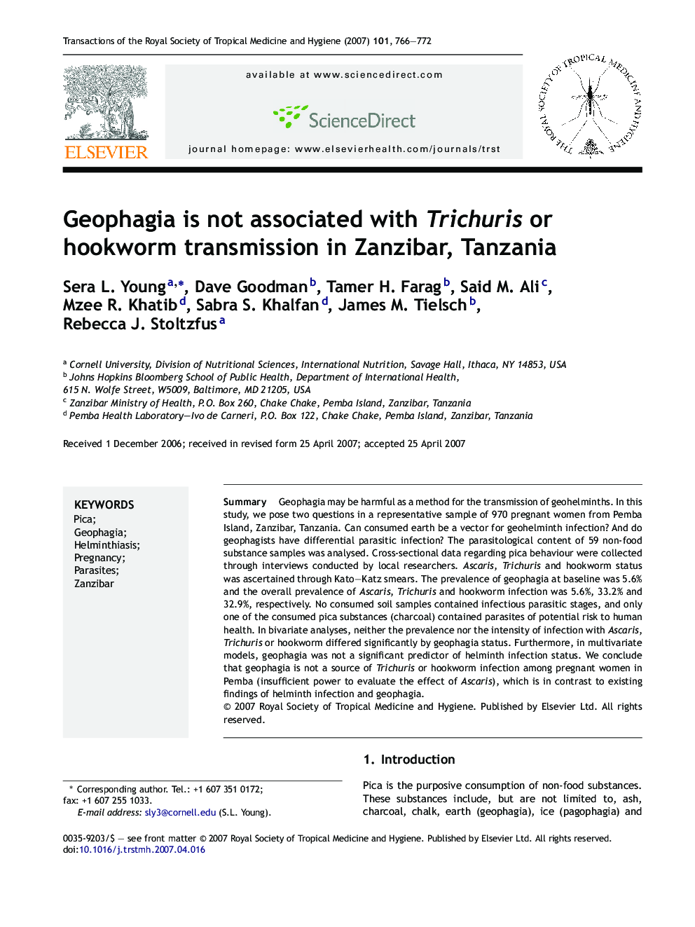 Geophagia is not associated with Trichuris or hookworm transmission in Zanzibar, Tanzania