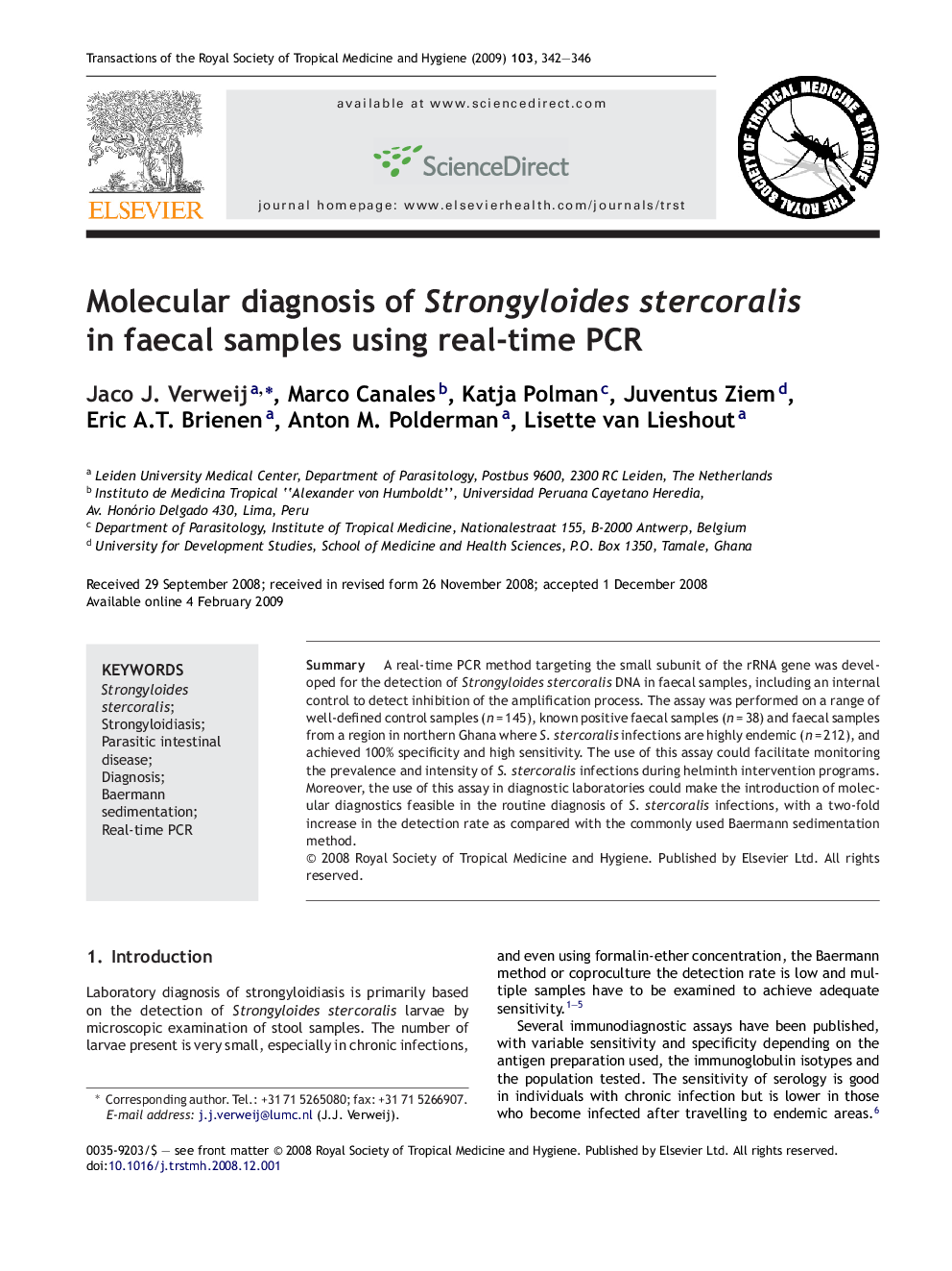 Molecular diagnosis of Strongyloides stercoralis in faecal samples using real-time PCR