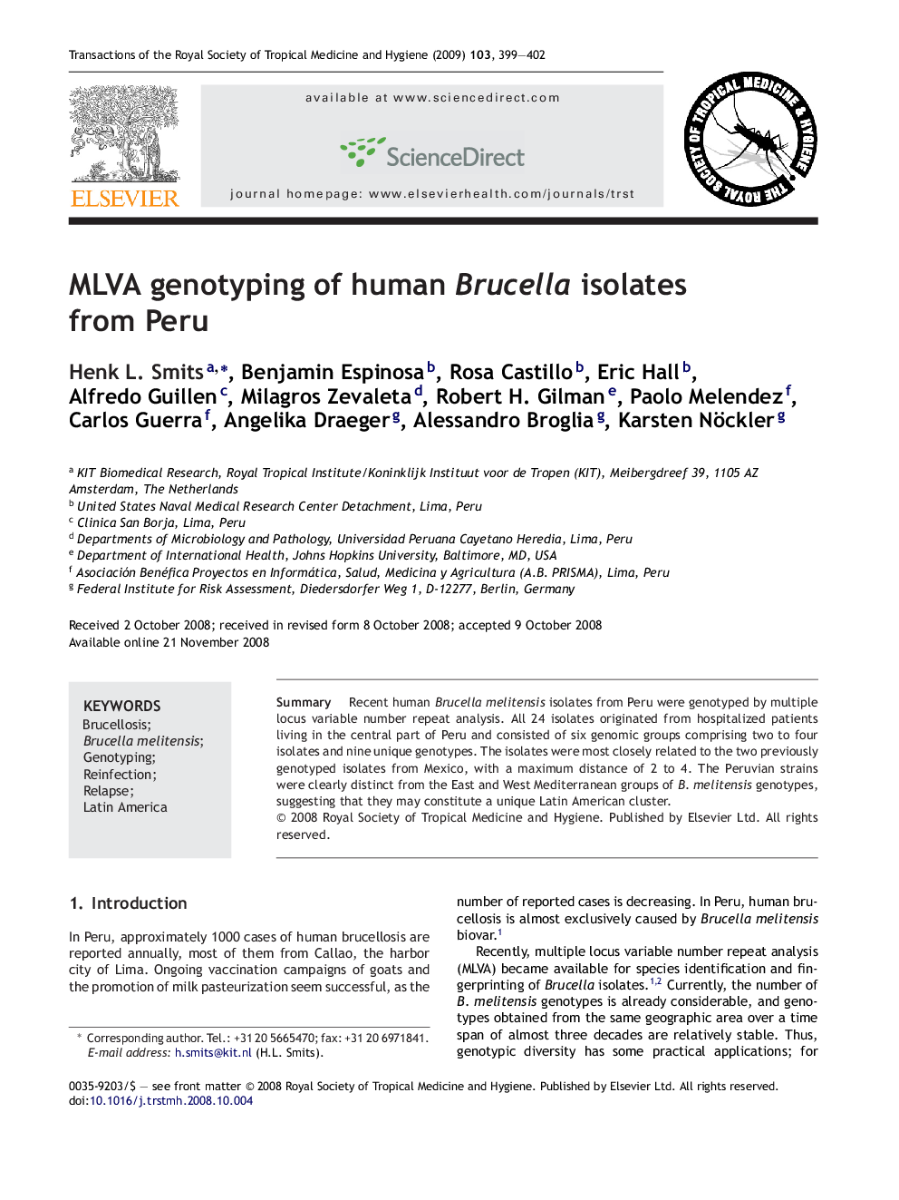 MLVA genotyping of human Brucella isolates from Peru