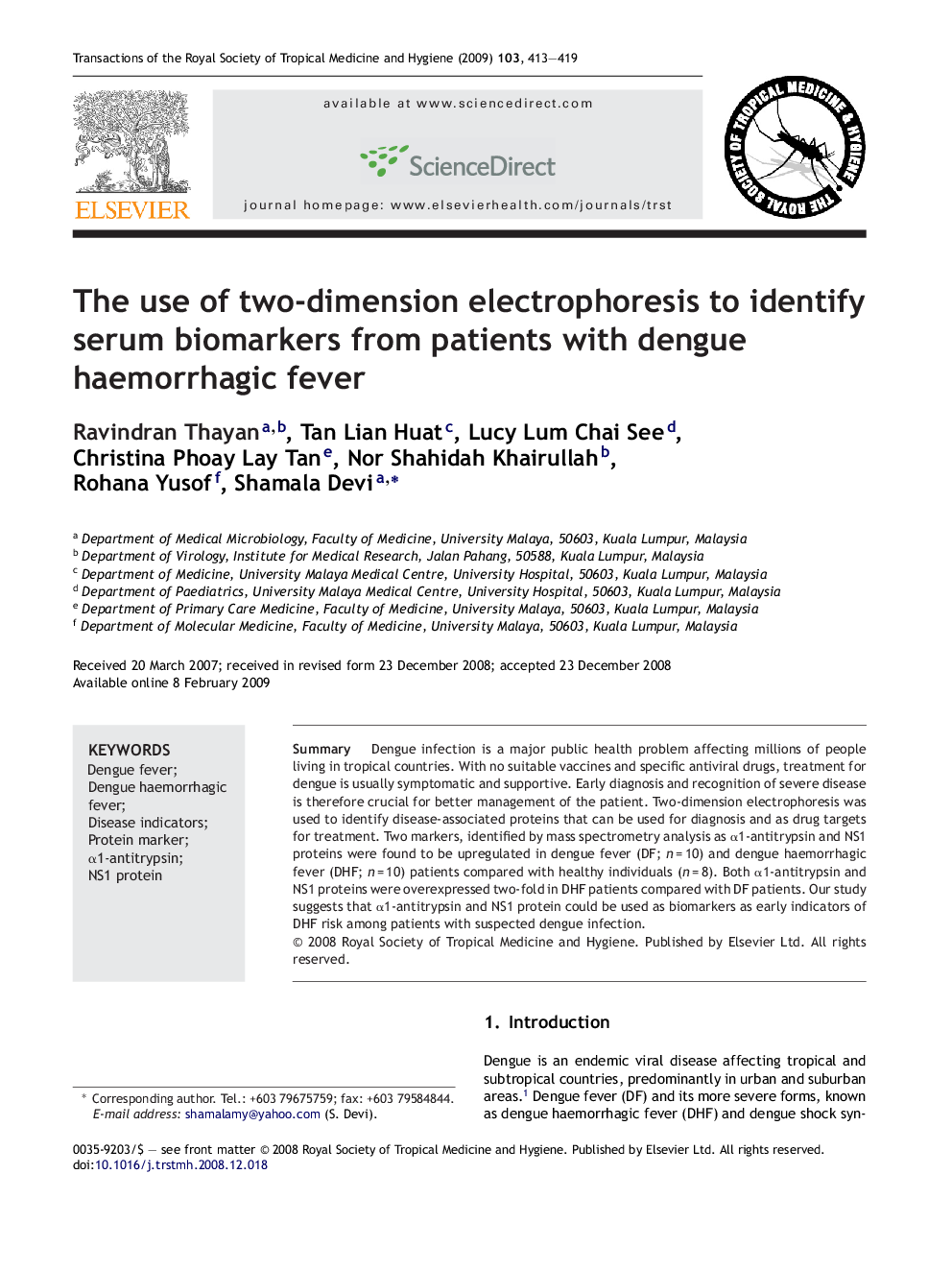 The use of two-dimension electrophoresis to identify serum biomarkers from patients with dengue haemorrhagic fever