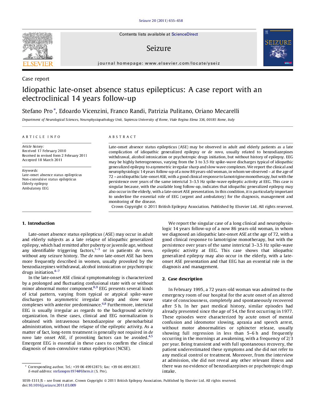 Idiopathic late-onset absence status epilepticus: A case report with an electroclinical 14 years follow-up