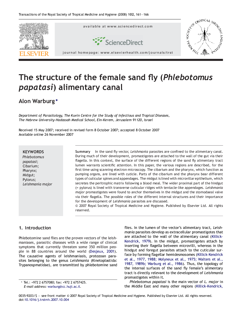 The structure of the female sand fly (Phlebotomus papatasi) alimentary canal