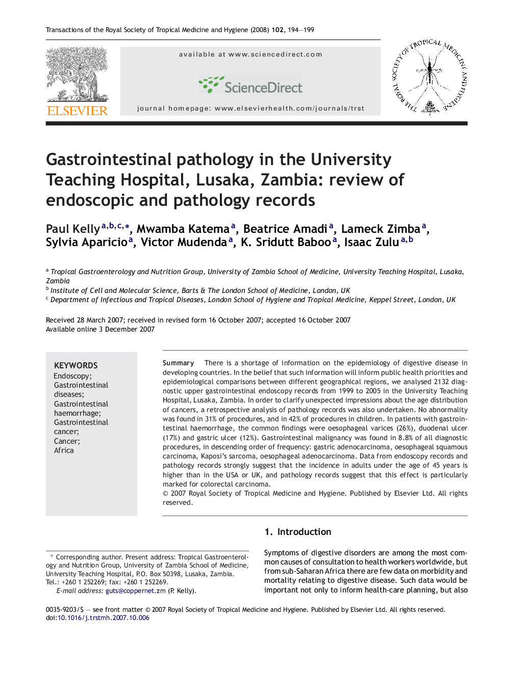 Gastrointestinal pathology in the University Teaching Hospital, Lusaka, Zambia: review of endoscopic and pathology records