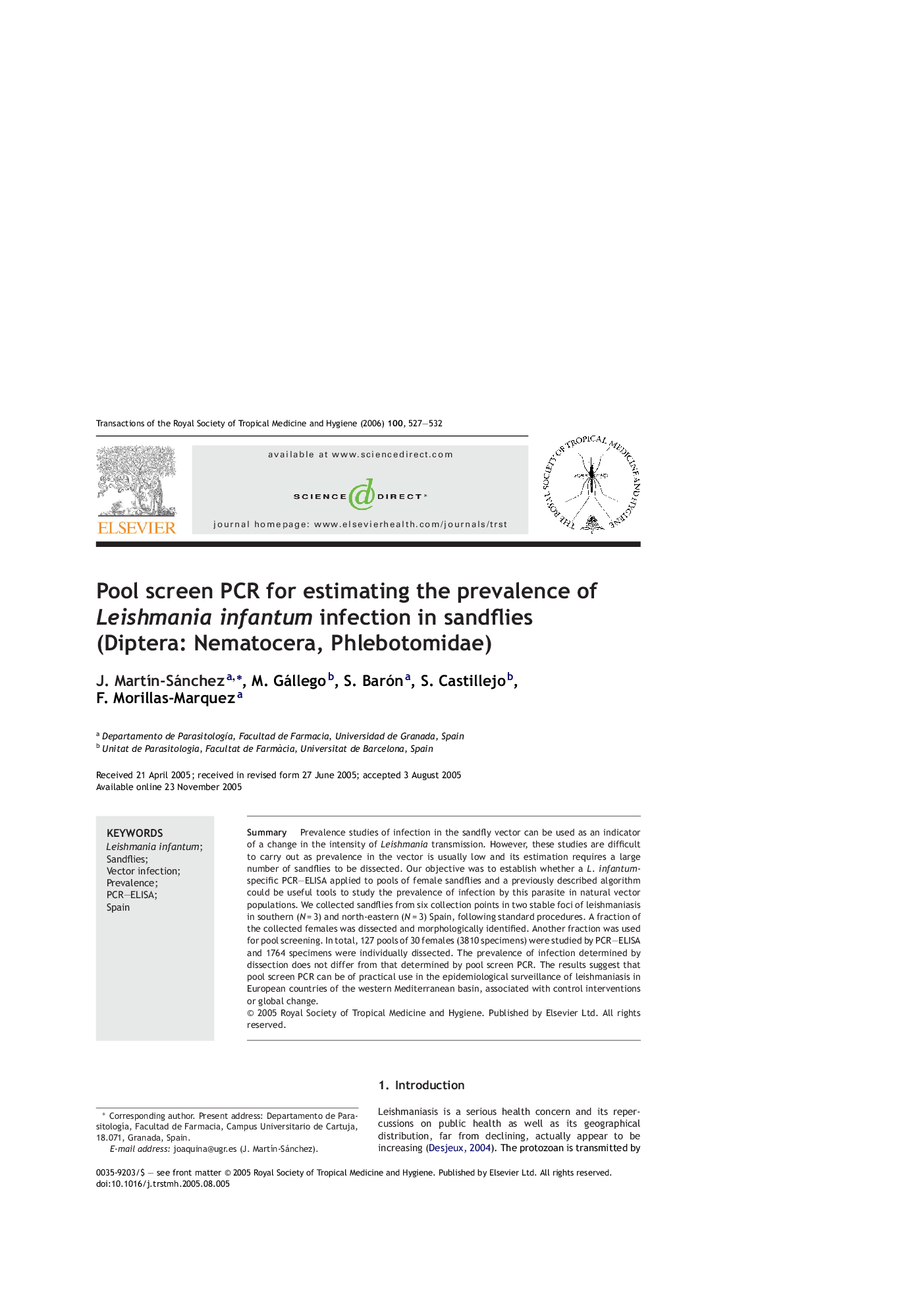 Pool screen PCR for estimating the prevalence of Leishmania infantum infection in sandflies (Diptera: Nematocera, Phlebotomidae)