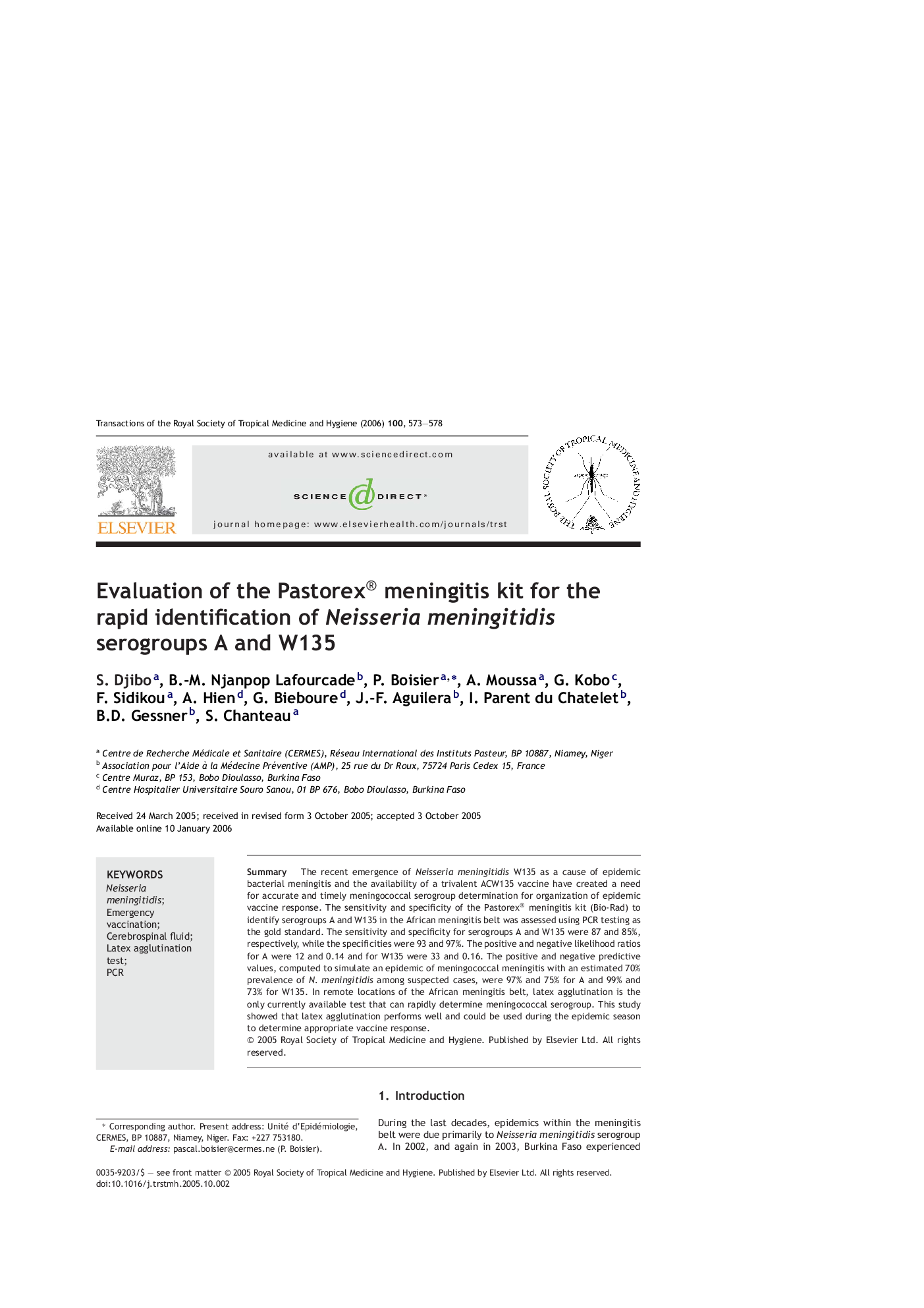 Evaluation of the Pastorex® meningitis kit for the rapid identification of Neisseria meningitidis serogroups A and W135