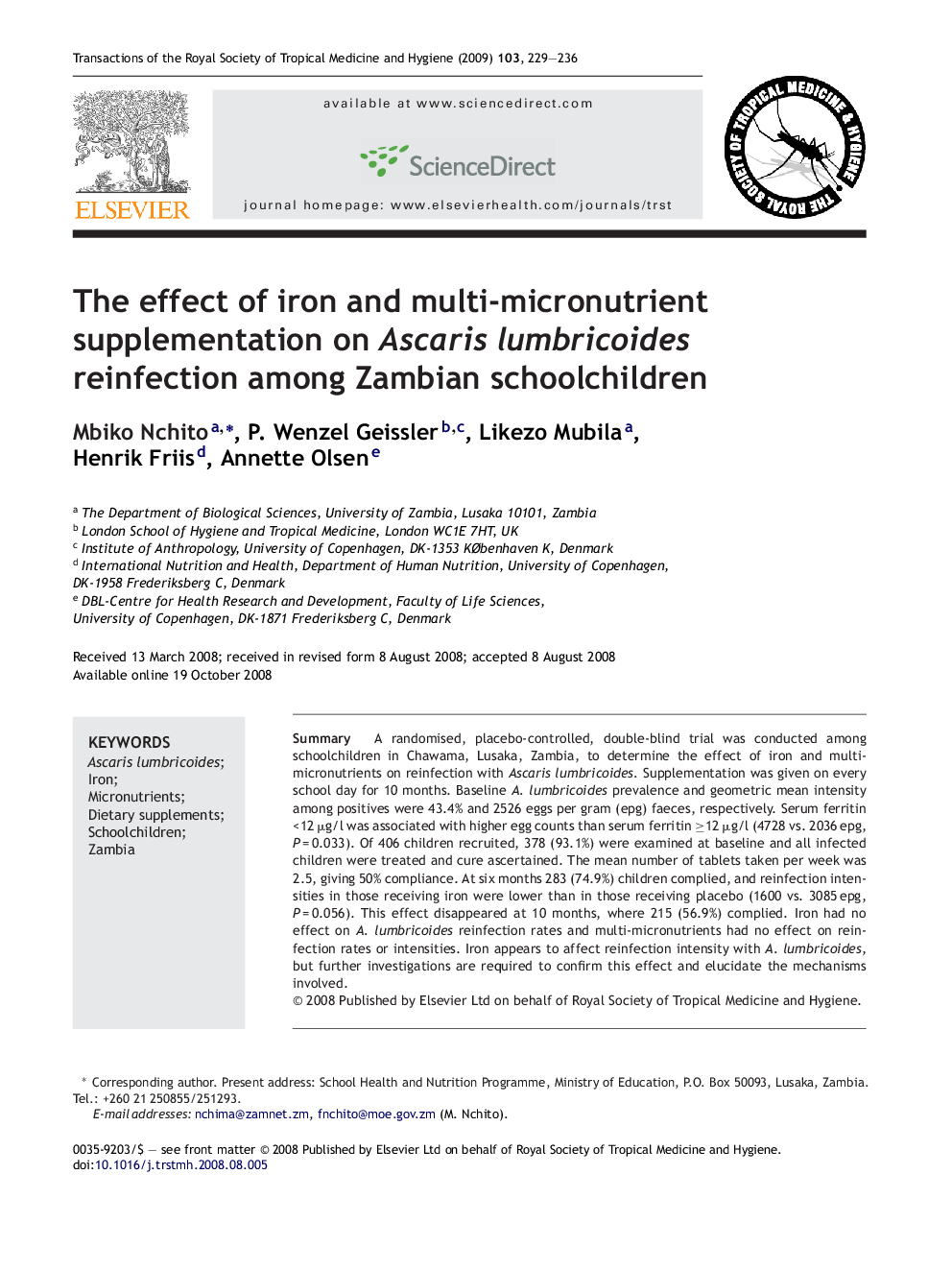 The effect of iron and multi-micronutrient supplementation on Ascaris lumbricoides reinfection among Zambian schoolchildren