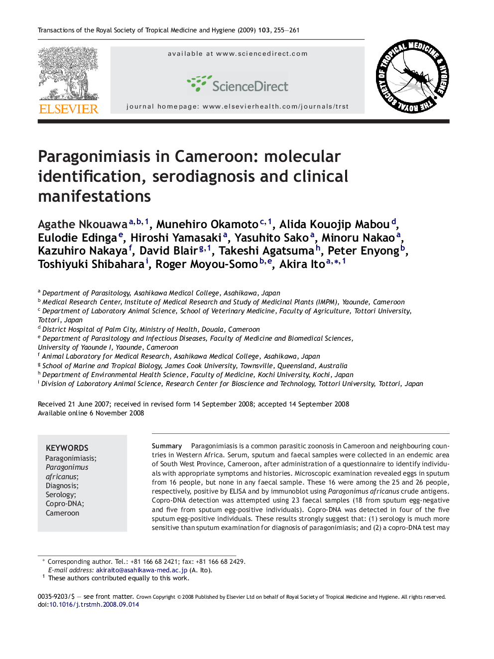 Paragonimiasis in Cameroon: molecular identification, serodiagnosis and clinical manifestations