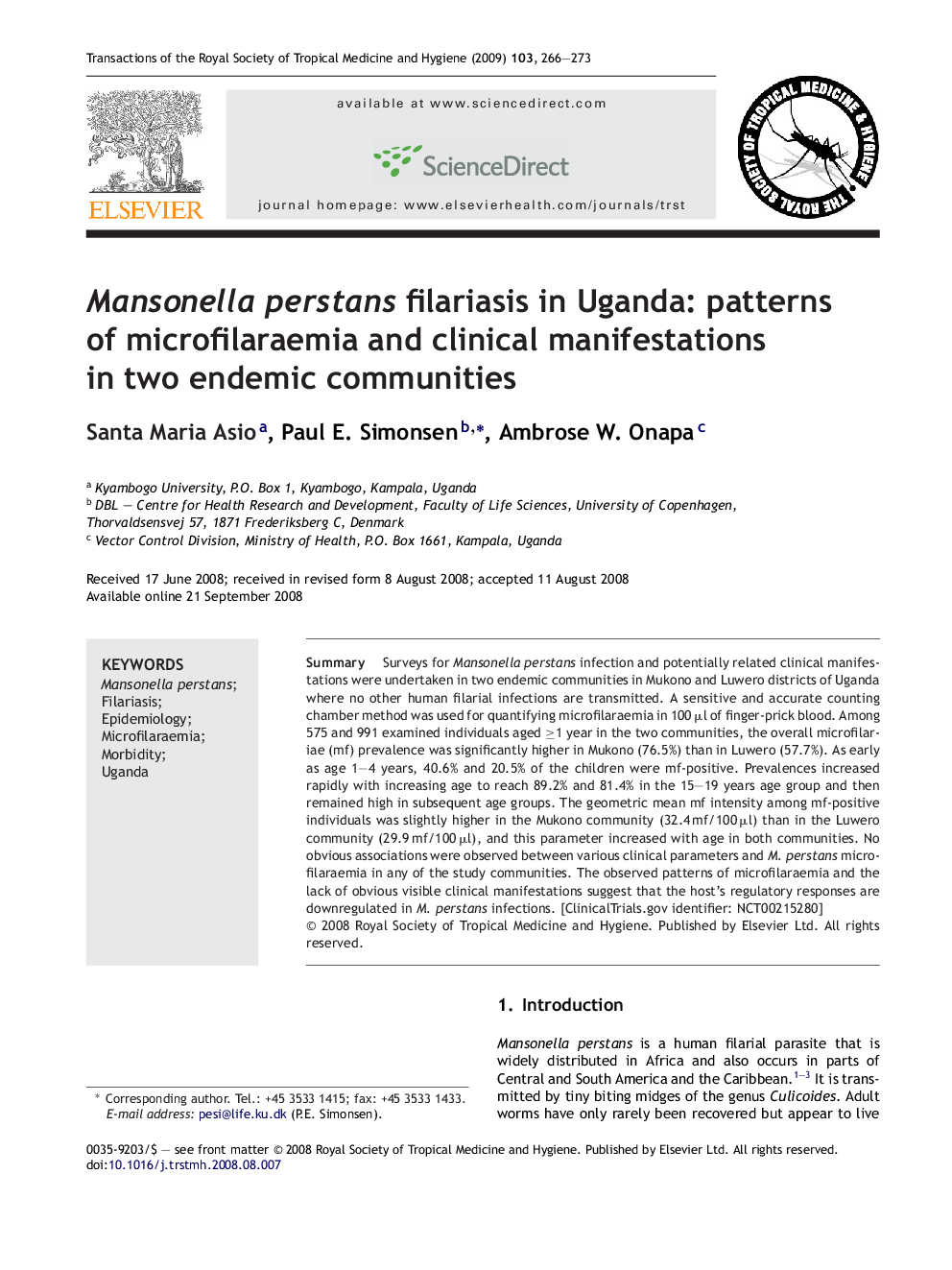 Mansonella perstans filariasis in Uganda: patterns of microfilaraemia and clinical manifestations in two endemic communities