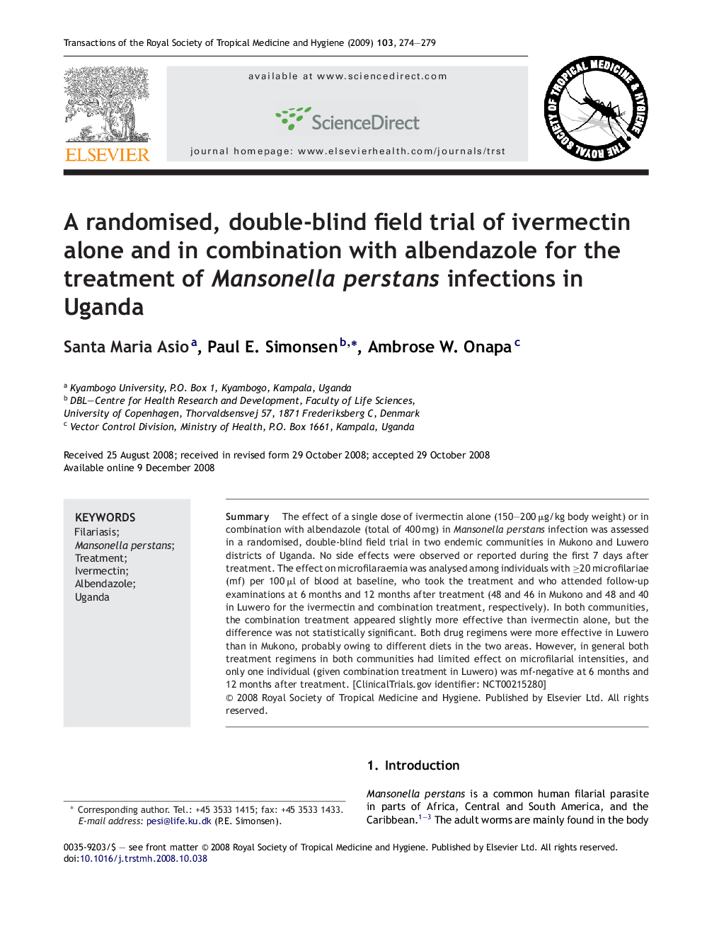 A randomised, double-blind field trial of ivermectin alone and in combination with albendazole for the treatment of Mansonella perstans infections in Uganda