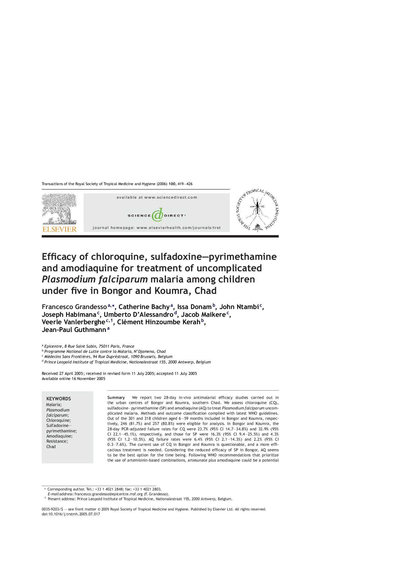 Efficacy of chloroquine, sulfadoxine-pyrimethamine and amodiaquine for treatment of uncomplicated Plasmodium falciparum malaria among children under five in Bongor and Koumra, Chad