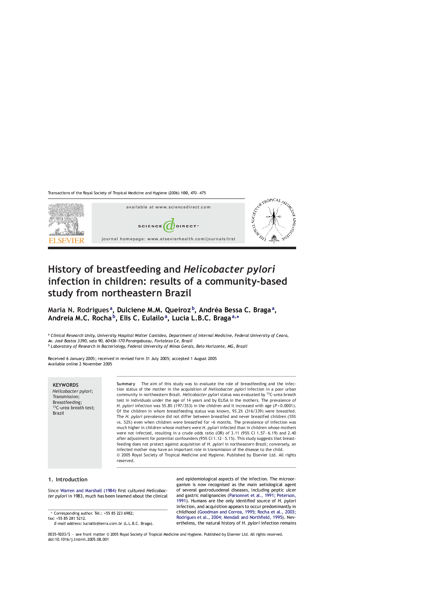 عکس صفحه اول مقاله: History of breastfeeding and Helicobacter pylori infection in children: results of a community-based study from northeastern Brazil History of breastfeeding and Helicobacter pylori infection in children: results of a community-based study from northeastern Brazil