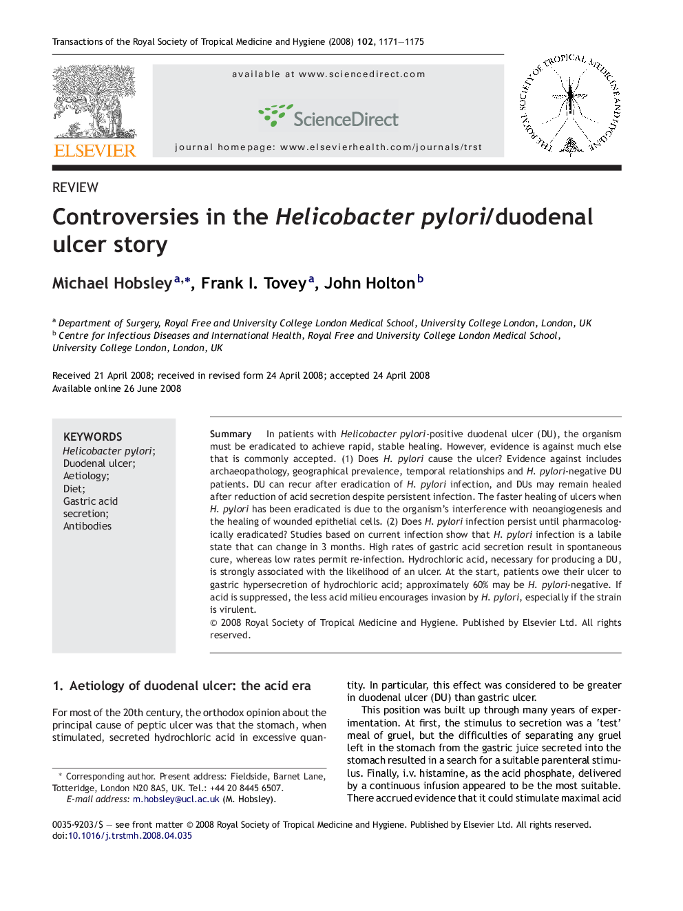 Controversies in the Helicobacter pylori/duodenal ulcer story