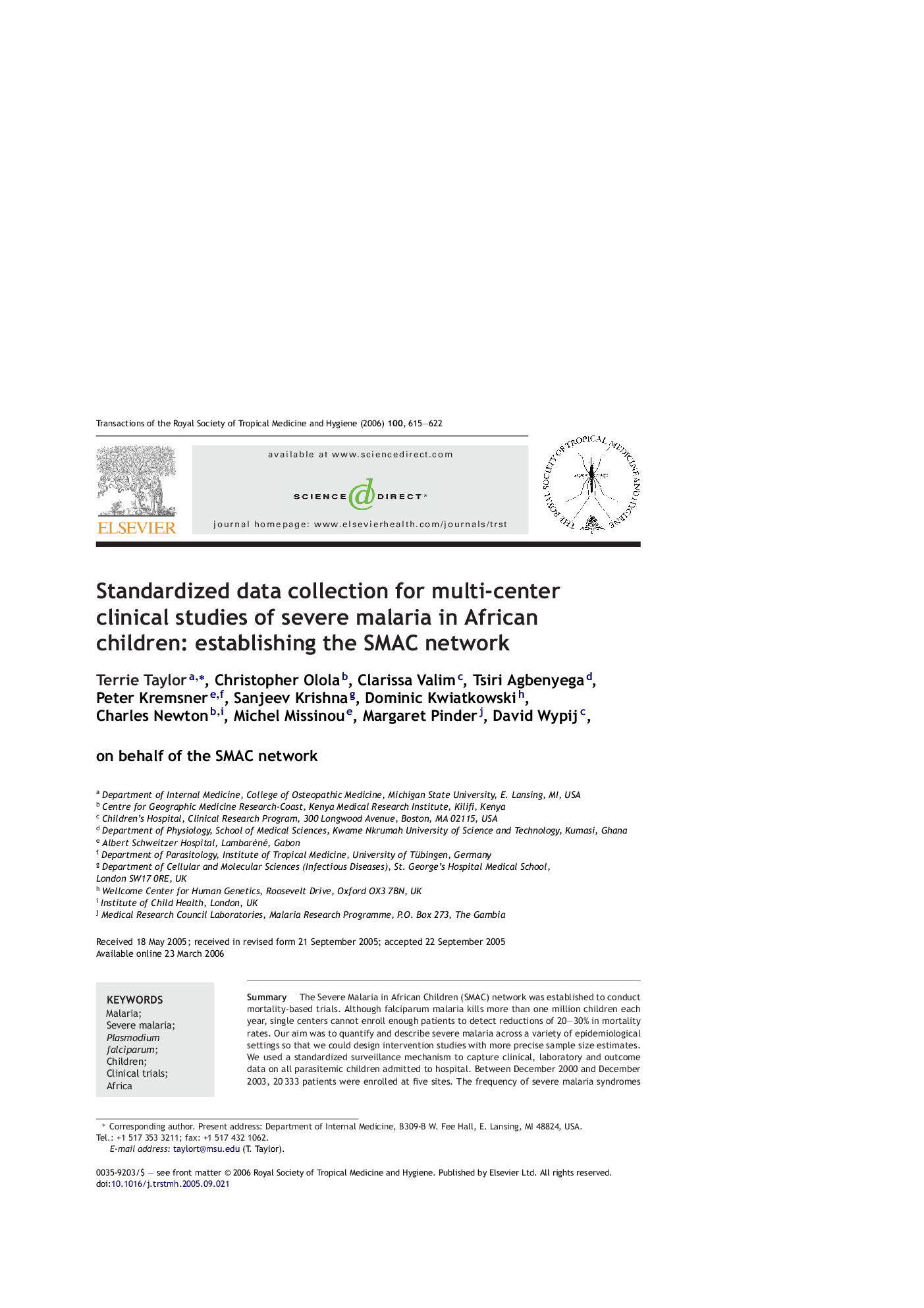 Standardized data collection for multi-center clinical studies of severe malaria in African children: establishing the SMAC network