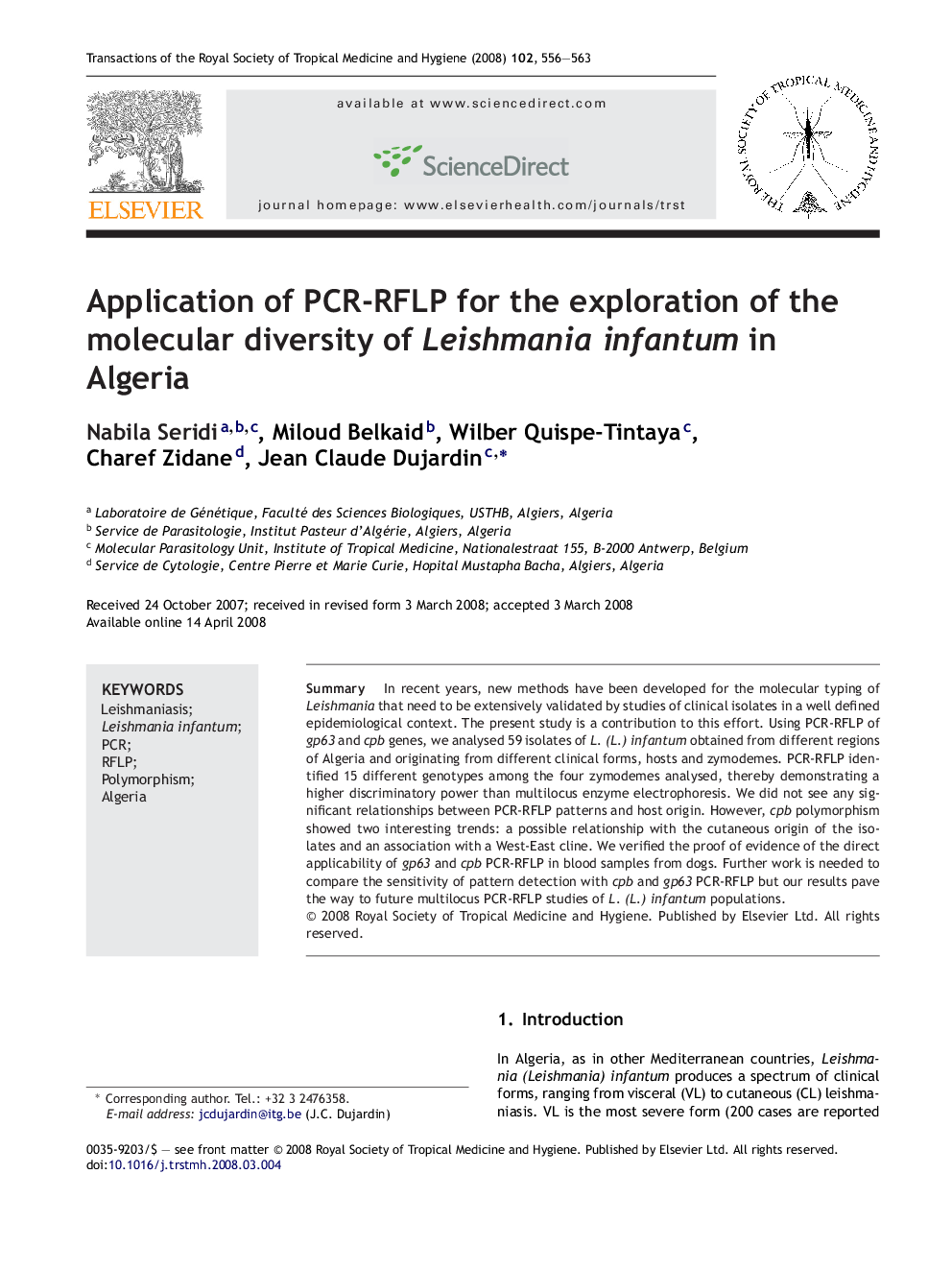 Application of PCR-RFLP for the exploration of the molecular diversity of Leishmania infantum in Algeria