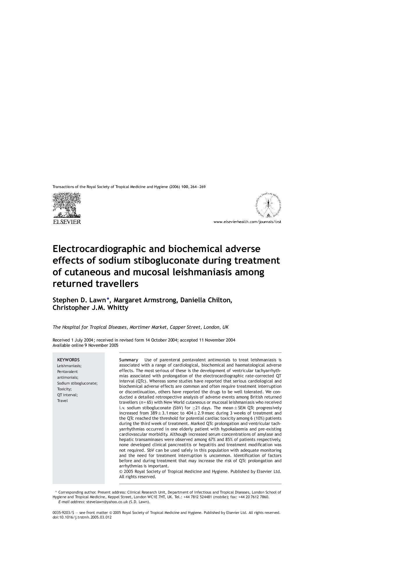 Electrocardiographic and biochemical adverse effects of sodium stibogluconate during treatment of cutaneous and mucosal leishmaniasis among returned travellers