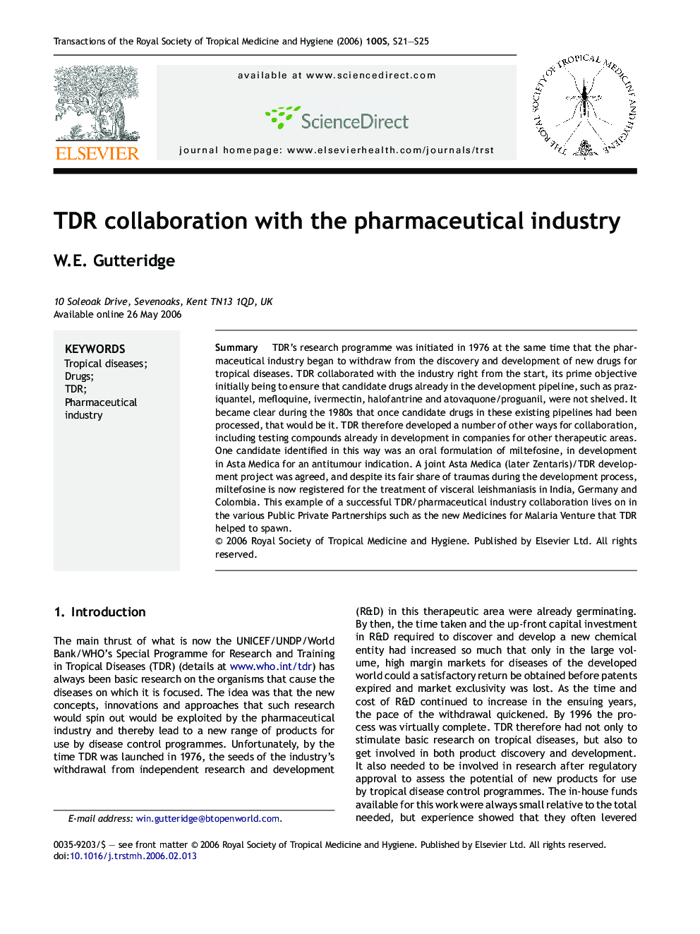 TDR collaboration with the pharmaceutical industry