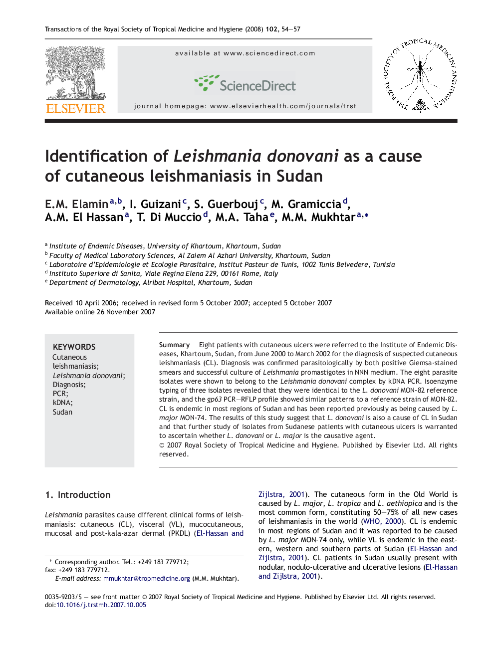 Identification of Leishmania donovani as a cause of cutaneous leishmaniasis in Sudan