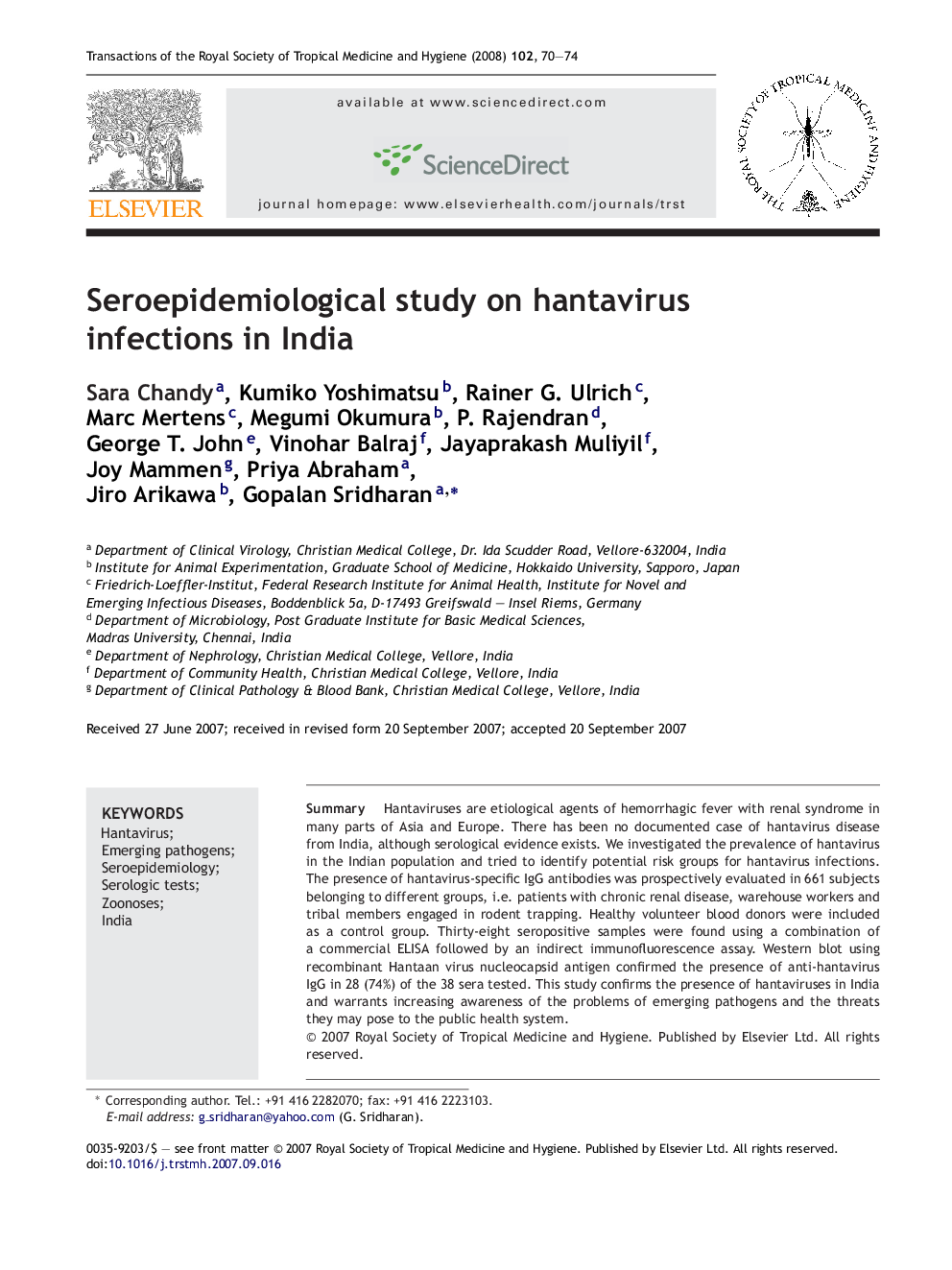 Seroepidemiological study on hantavirus infections in India