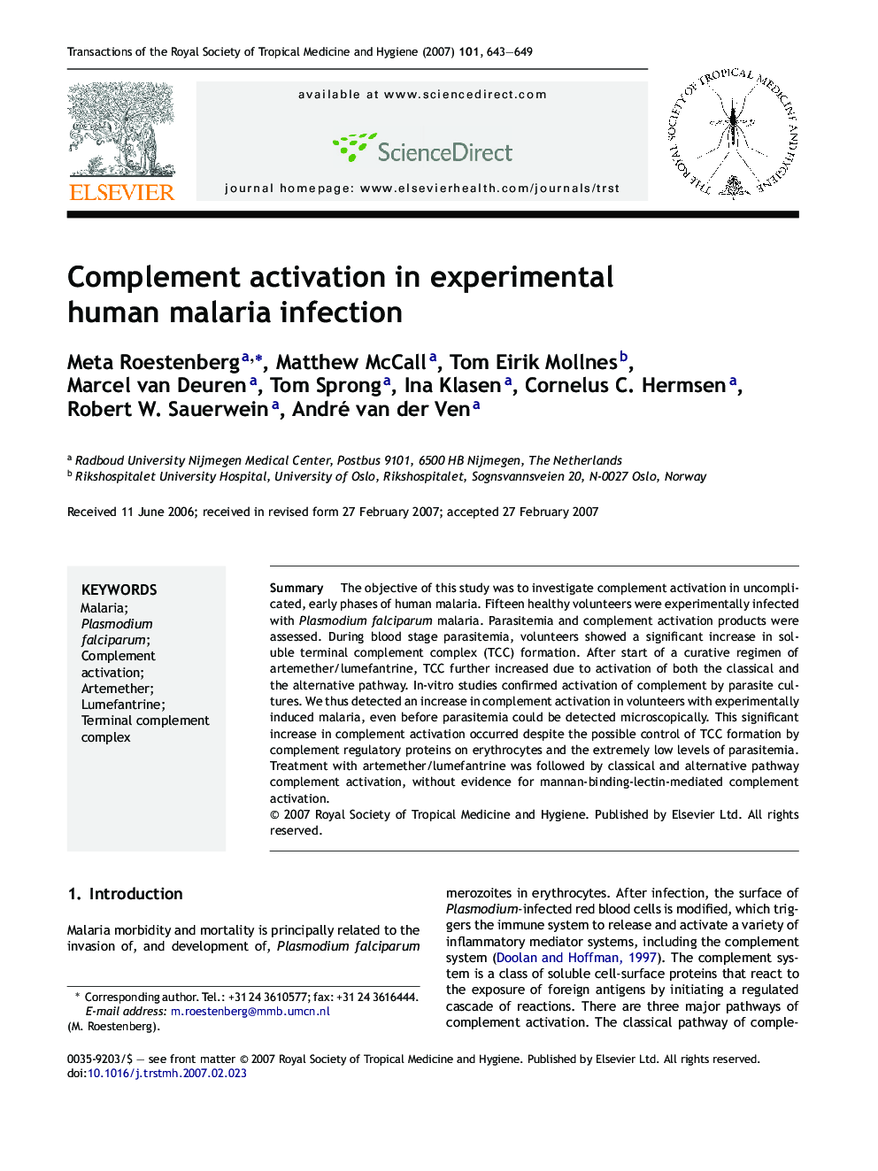 Complement activation in experimental human malaria infection
