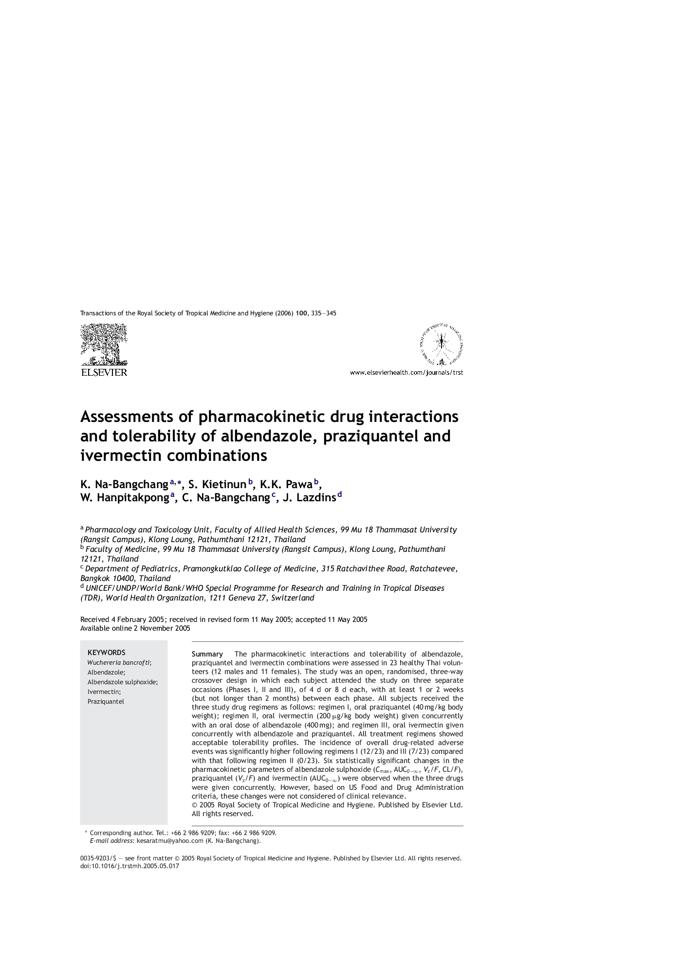 Assessments of pharmacokinetic drug interactions and tolerability of albendazole, praziquantel and ivermectin combinations