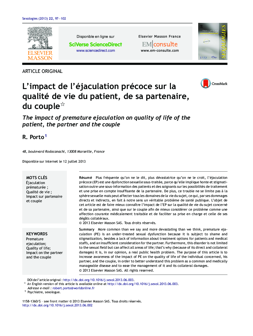L’impact de l’éjaculation précoce sur la qualité de vie du patient, de sa partenaire, du couple 