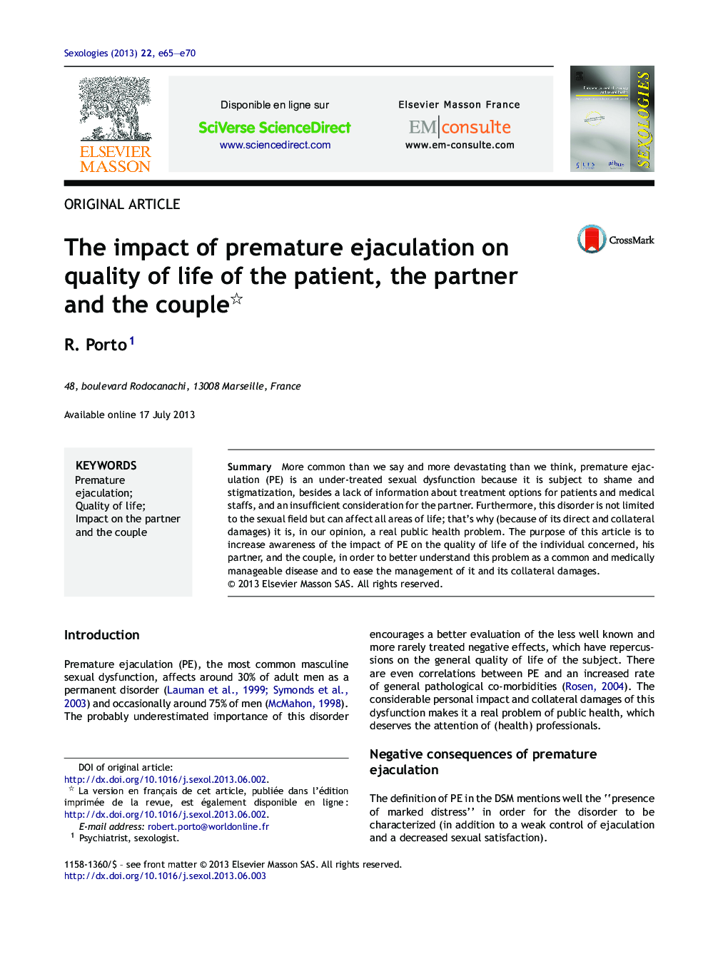 The impact of premature ejaculation on quality of life of the patient, the partner and the couple 