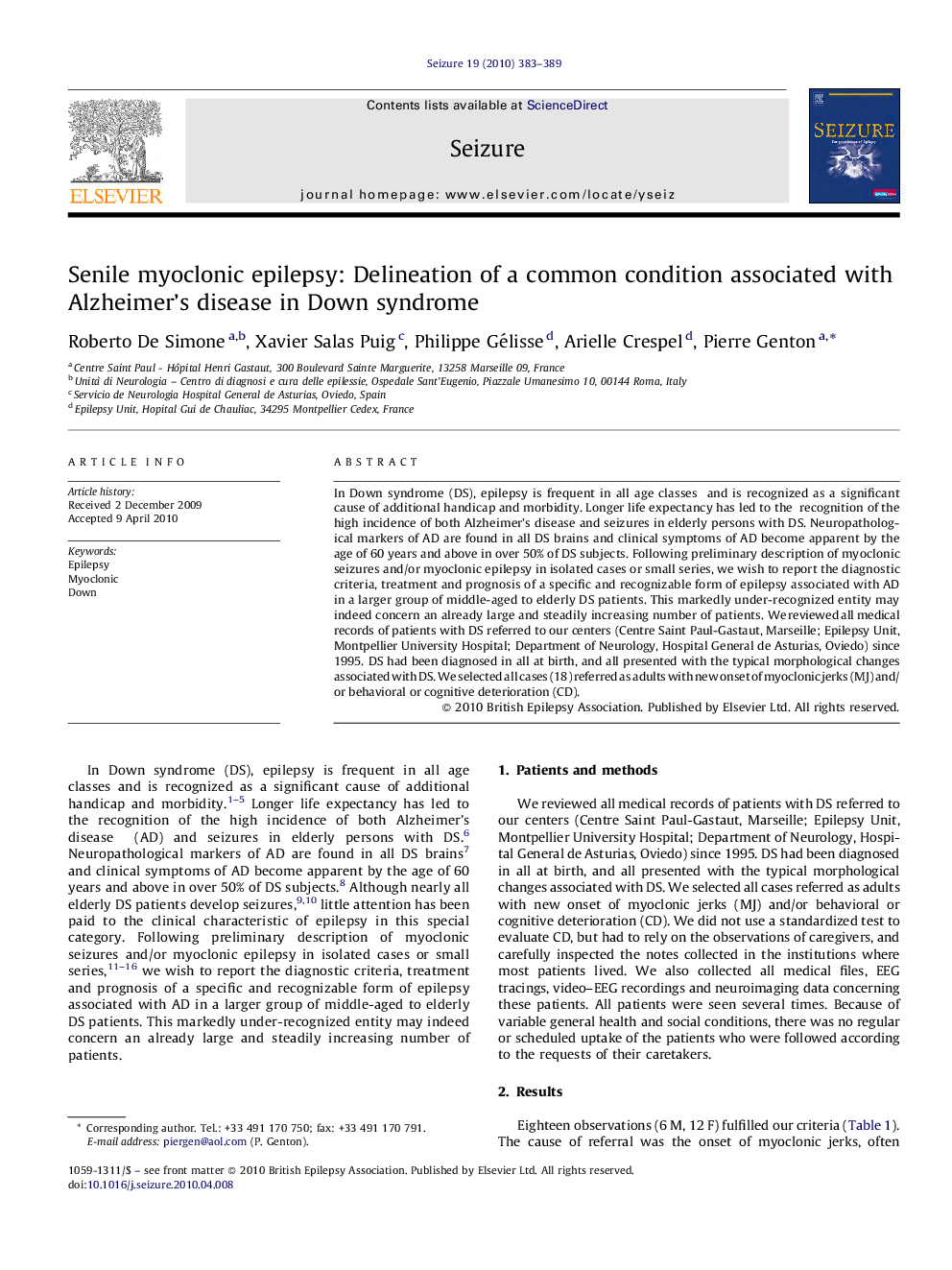 Senile myoclonic epilepsy: Delineation of a common condition associated with Alzheimer's disease in Down syndrome