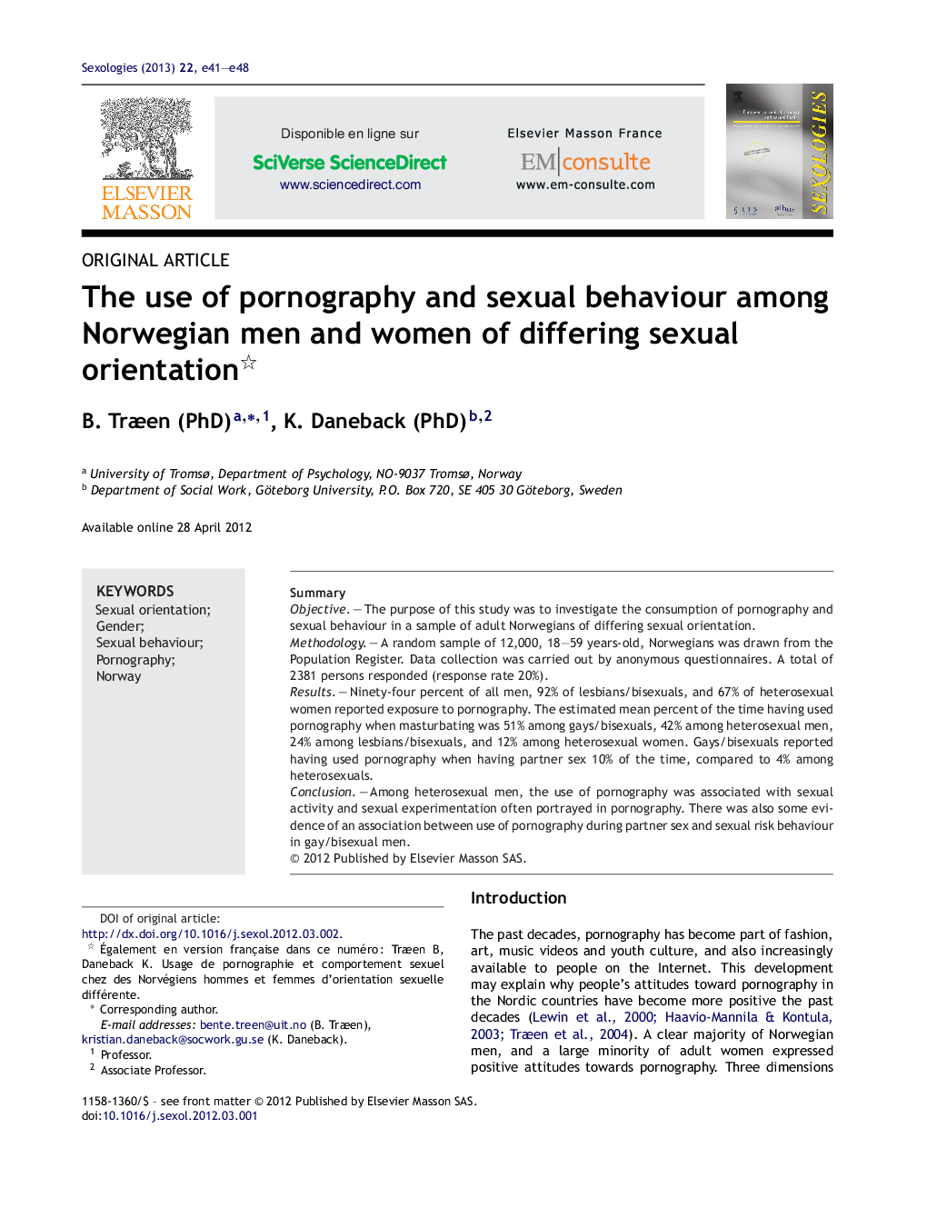 The use of pornography and sexual behaviour among Norwegian men and women of differing sexual orientation 