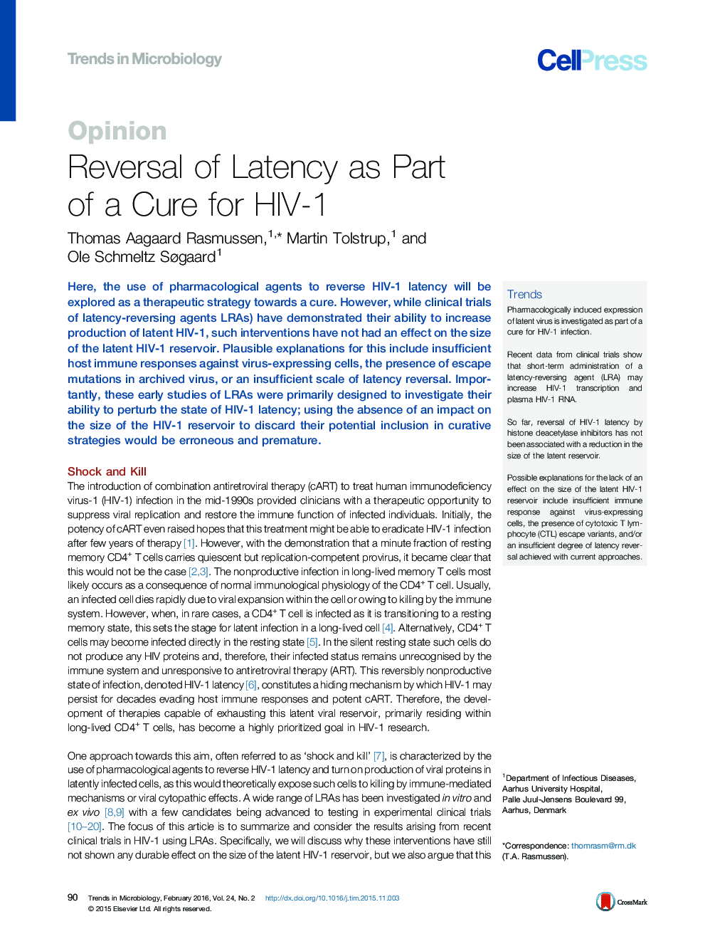 Reversal of Latency as Part of a Cure for HIV-1