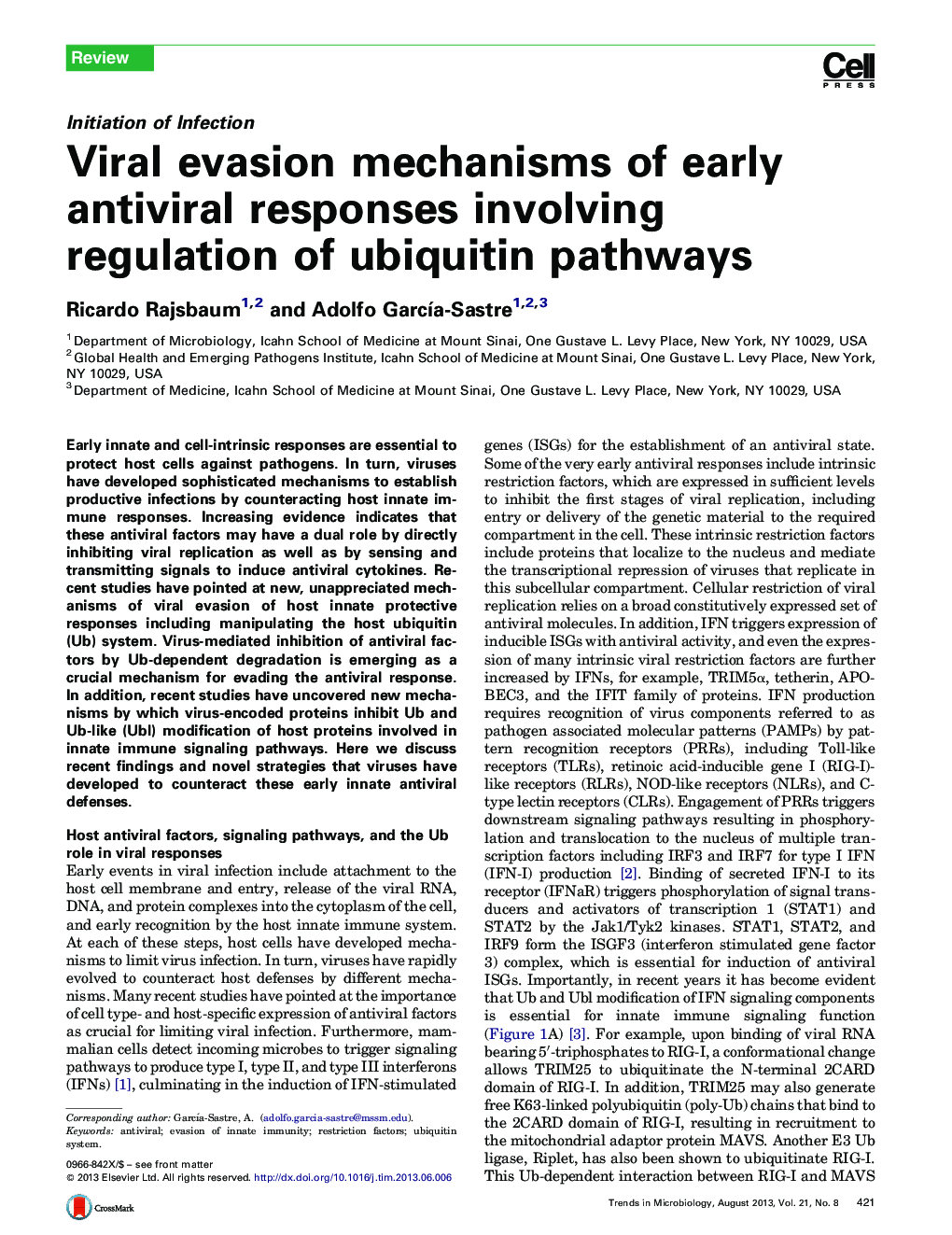 Viral evasion mechanisms of early antiviral responses involving regulation of ubiquitin pathways