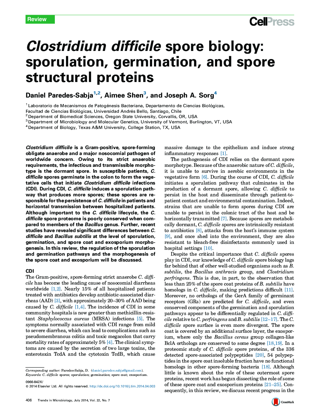 Clostridium difficile spore biology: sporulation, germination, and spore structural proteins