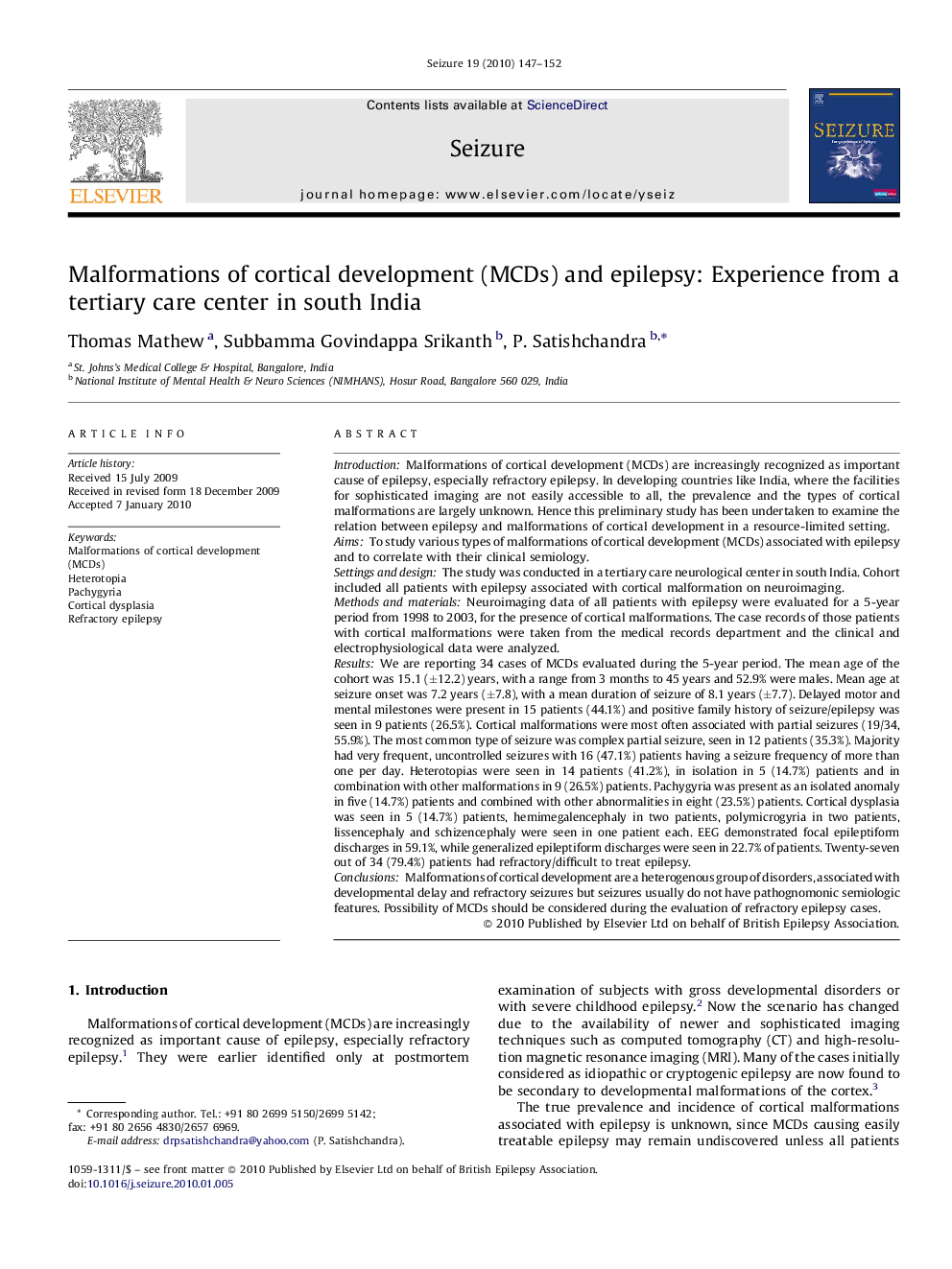 Malformations of cortical development (MCDs) and epilepsy: Experience from a tertiary care center in south India