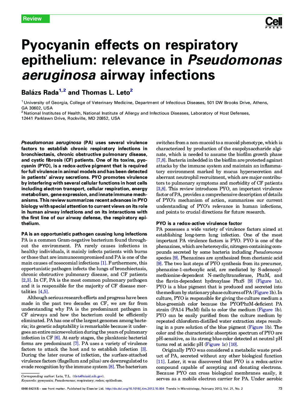 Pyocyanin effects on respiratory epithelium: relevance in Pseudomonas aeruginosa airway infections