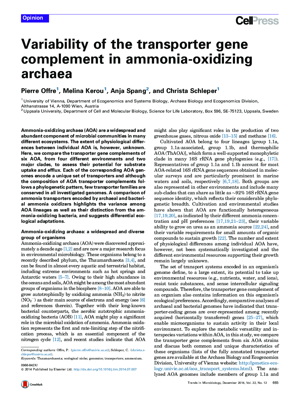 Variability of the transporter gene complement in ammonia-oxidizing archaea