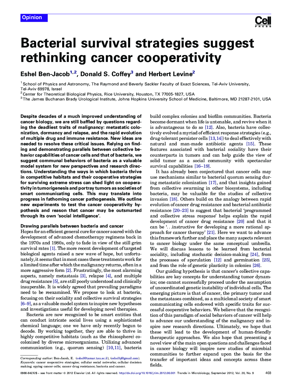 Bacterial survival strategies suggest rethinking cancer cooperativity