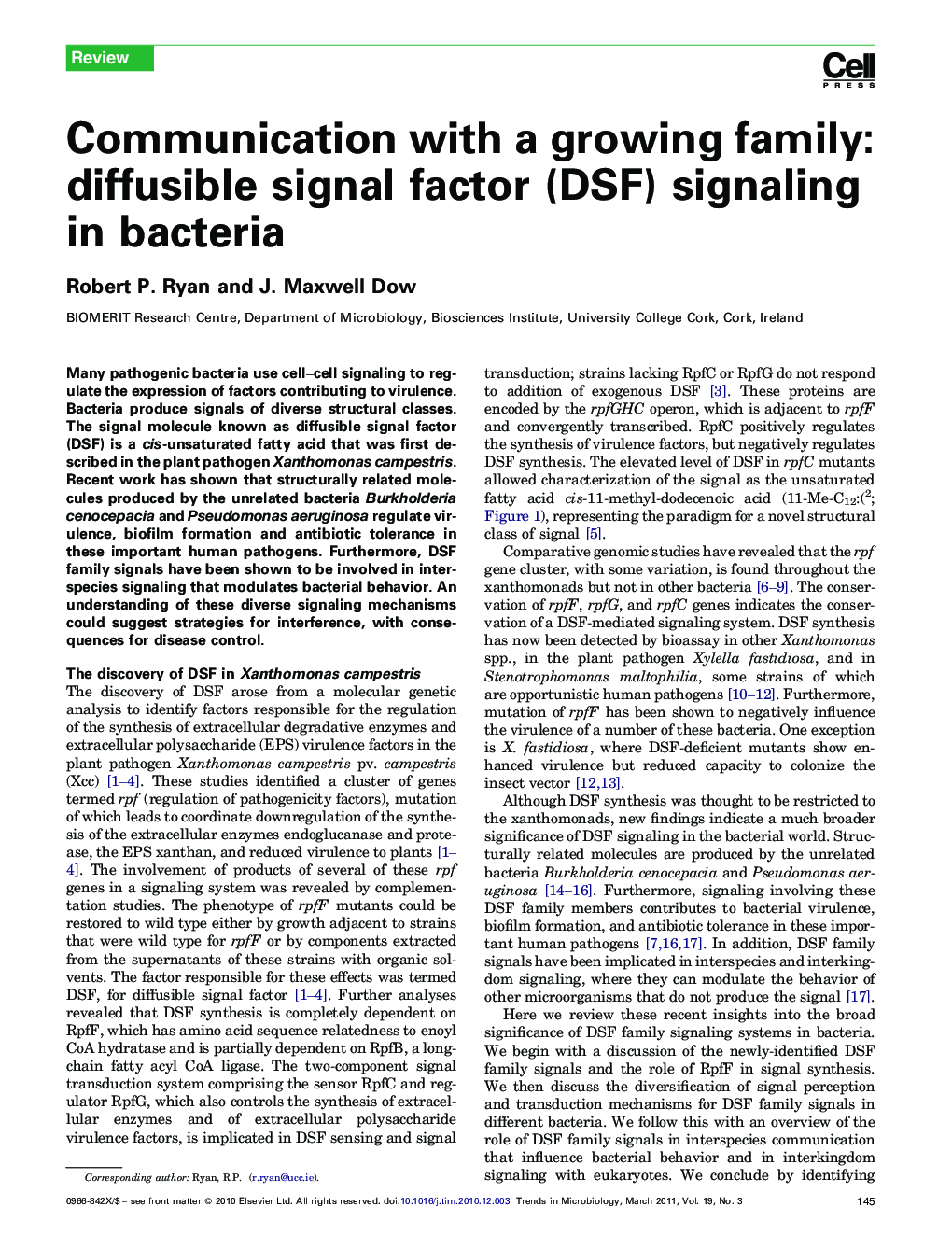 Communication with a growing family: diffusible signal factor (DSF) signaling in bacteria