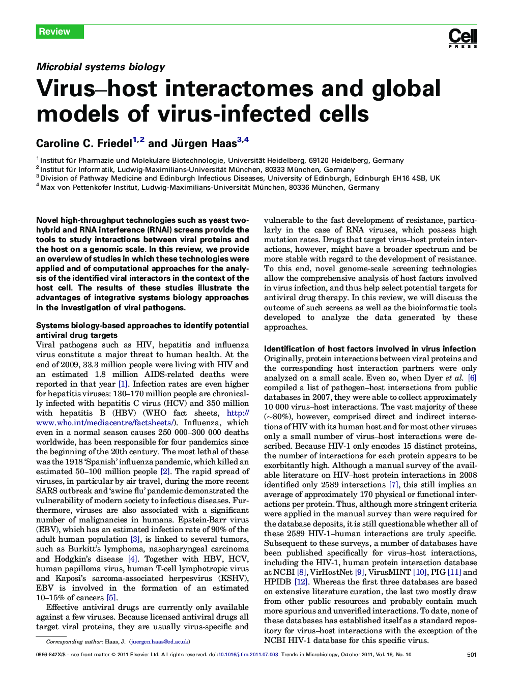 Virus–host interactomes and global models of virus-infected cells