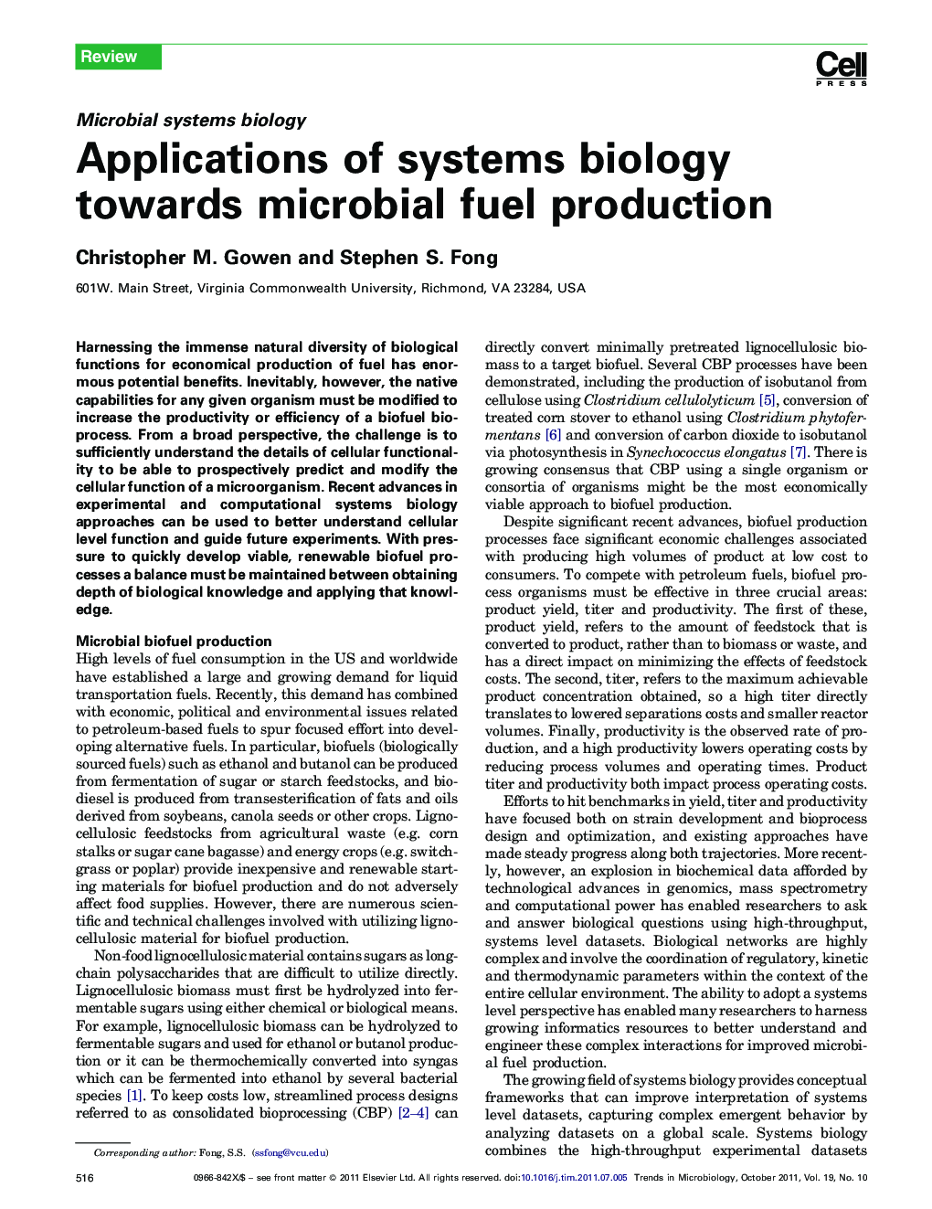 عکس صفحه اول مقاله: Applications of systems biology towards microbial fuel production Applications of systems biology towards microbial fuel production