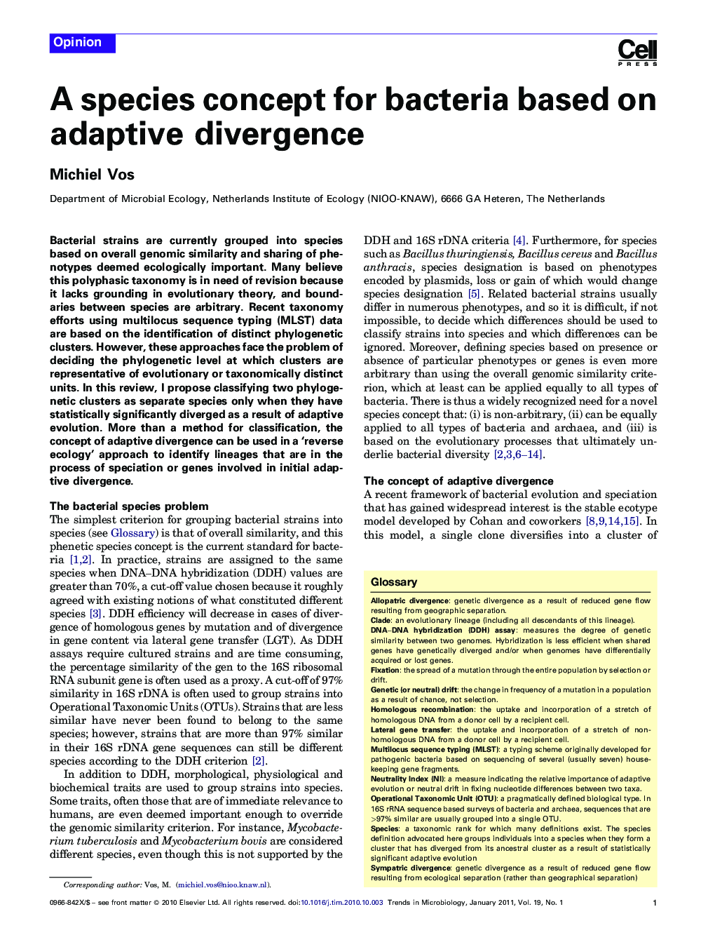 عکس صفحه اول مقاله: A species concept for bacteria based on adaptive divergence A species concept for bacteria based on adaptive divergence