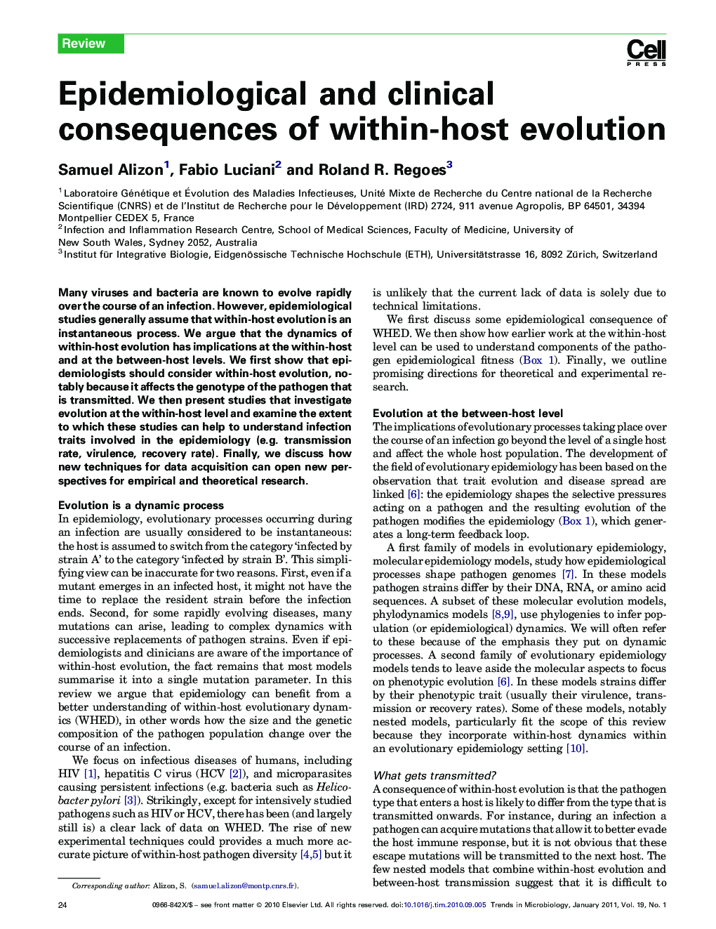 عکس صفحه اول مقاله: Epidemiological and clinical consequences of within-host evolution Epidemiological and clinical consequences of within-host evolution