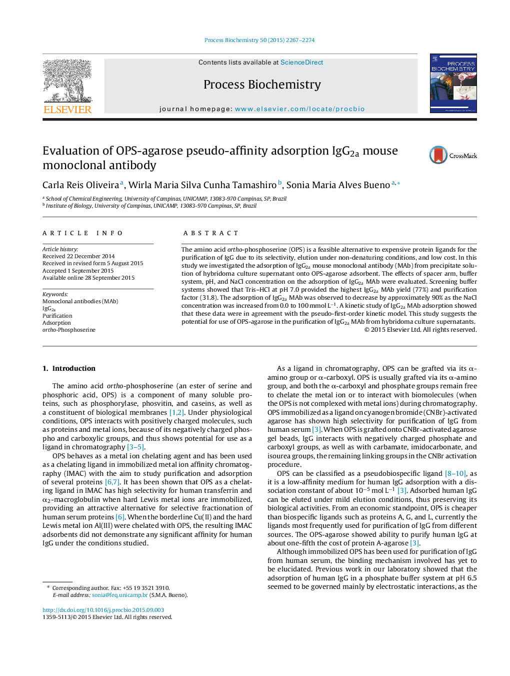 Evaluation of OPS-agarose pseudo-affinity adsorption IgG2a mouse monoclonal antibody