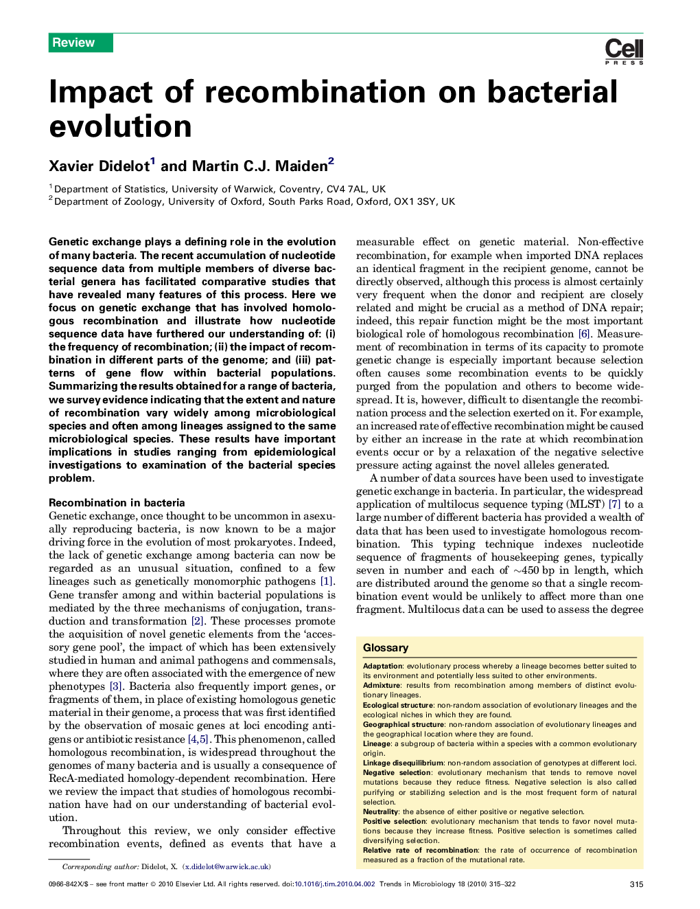 عکس صفحه اول مقاله: Impact of recombination on bacterial evolution Impact of recombination on bacterial evolution