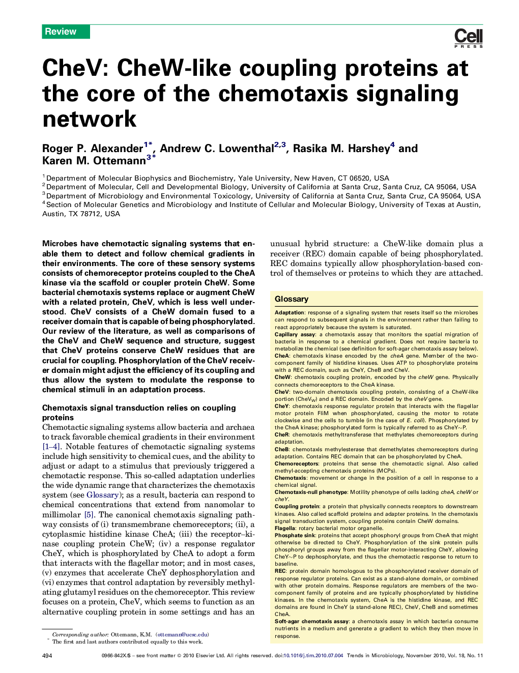 عکس صفحه اول مقاله: CheV: CheW-like coupling proteins at the core of the chemotaxis signaling network CheV: CheW-like coupling proteins at the core of the chemotaxis signaling network