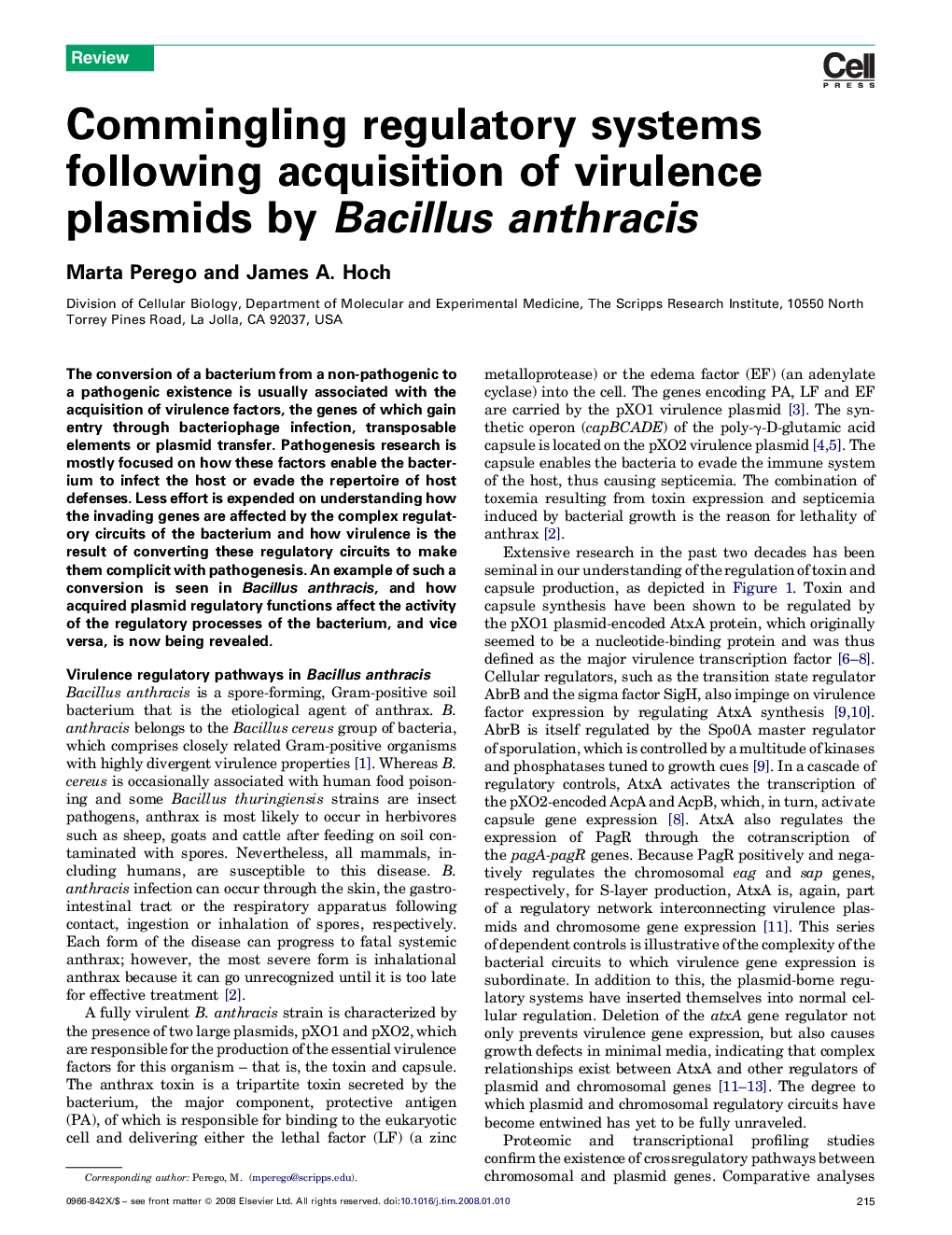 Commingling regulatory systems following acquisition of virulence plasmids by Bacillus anthracis