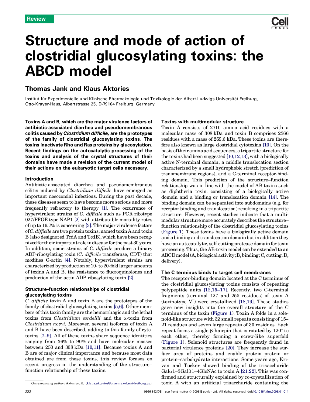 Structure and mode of action of clostridial glucosylating toxins: the ABCD model