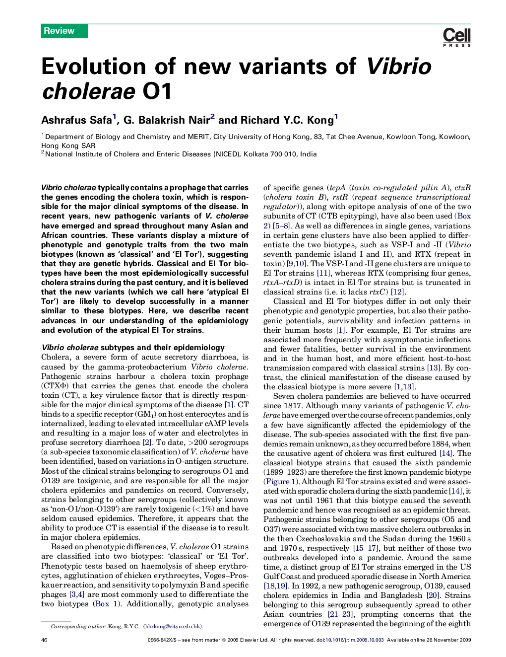 Evolution of new variants of Vibrio cholerae O1