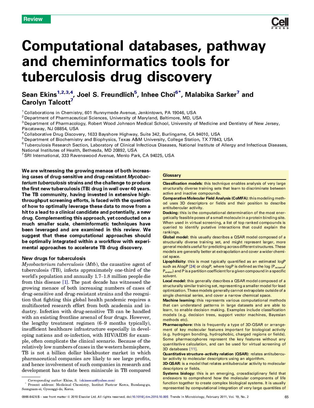 عکس صفحه اول مقاله: Computational databases, pathway and cheminformatics tools for tuberculosis drug discovery Computational databases, pathway and cheminformatics tools for tuberculosis drug discovery