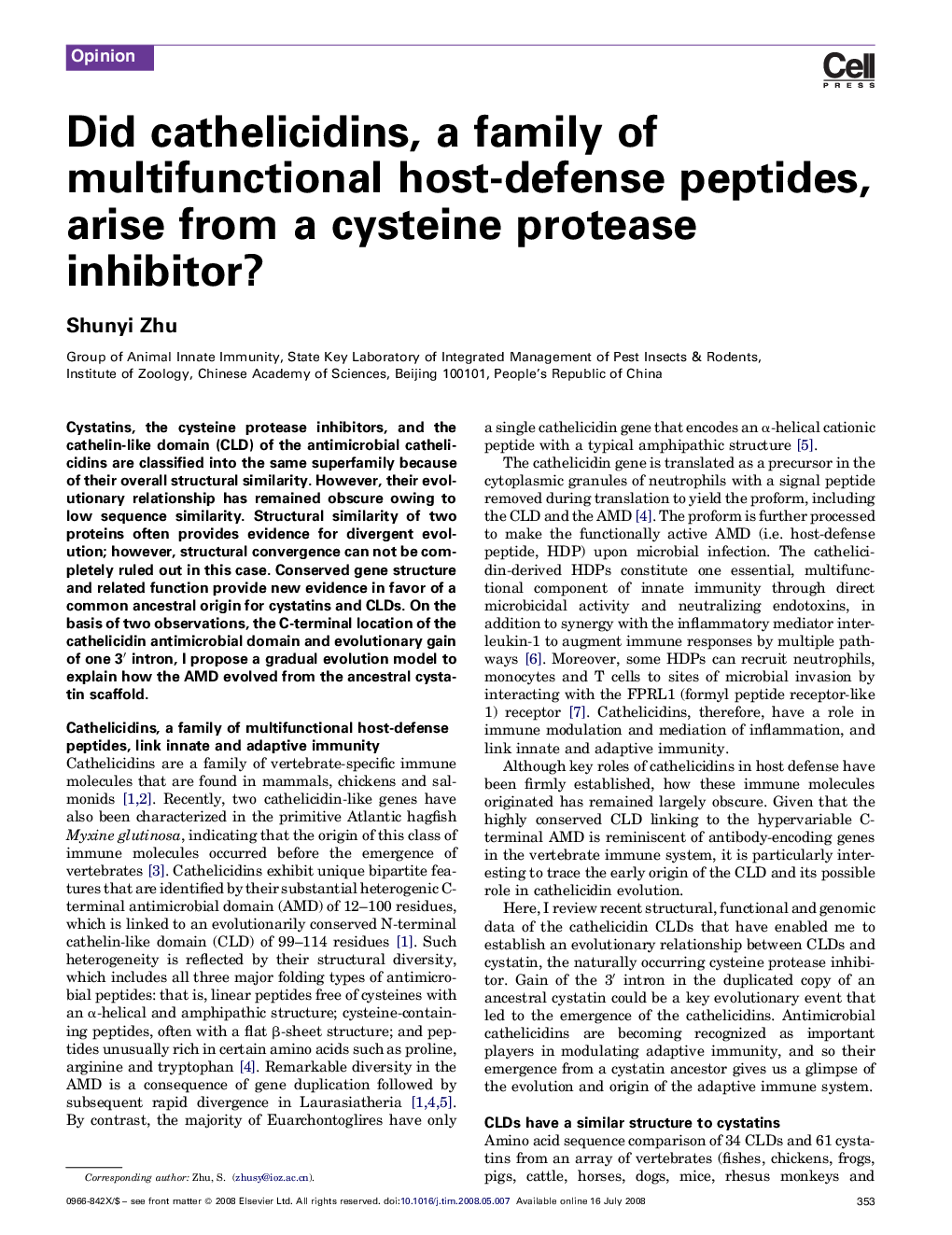 عکس صفحه اول مقاله: Did cathelicidins, a family of multifunctional host-defense peptides, arise from a cysteine protease inhibitor? Did cathelicidins, a family of multifunctional host-defense peptides, arise from a cysteine protease inhibitor?