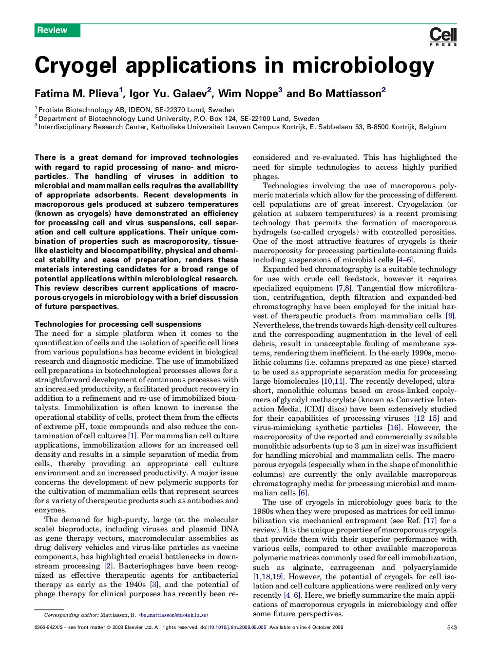 Cryogel applications in microbiology