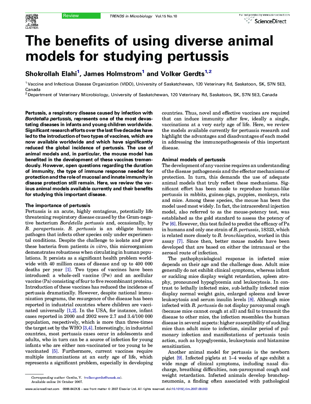 عکس صفحه اول مقاله: The benefits of using diverse animal models for studying pertussis The benefits of using diverse animal models for studying pertussis